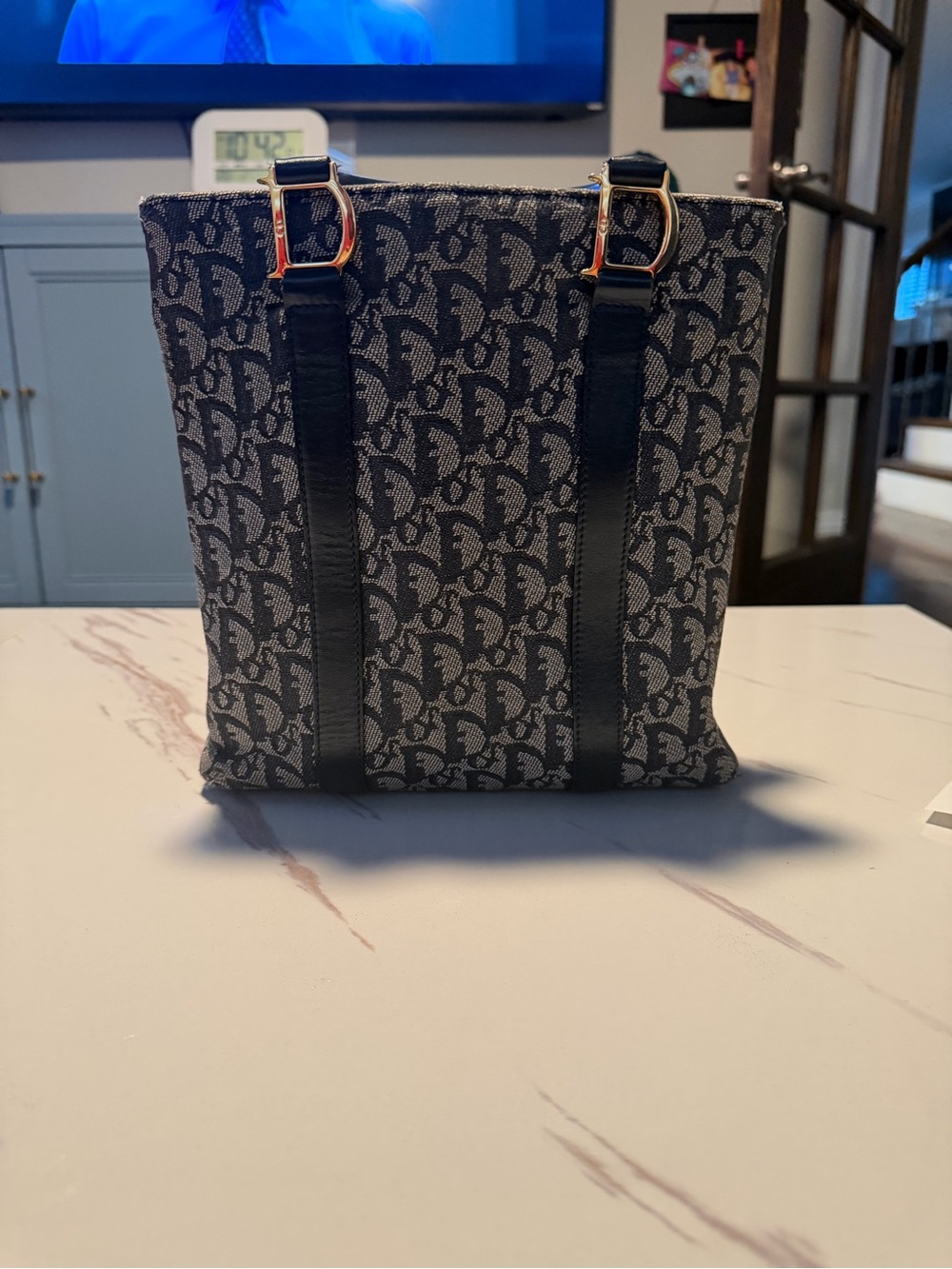 Dior vintage mongram Navy Patterned Tote Bag with Dark Blue Accents
